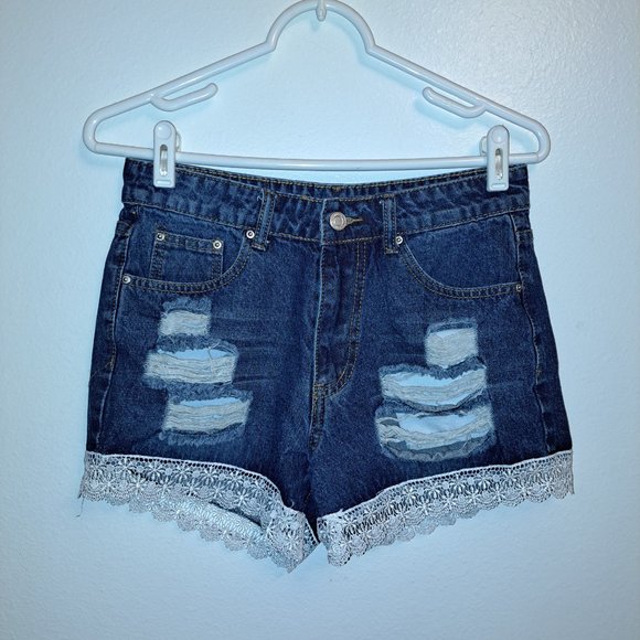 SHEIN Pants - Shein Lace Cuff Hem Denim Blue jeans Shorts XS ,Destructed
